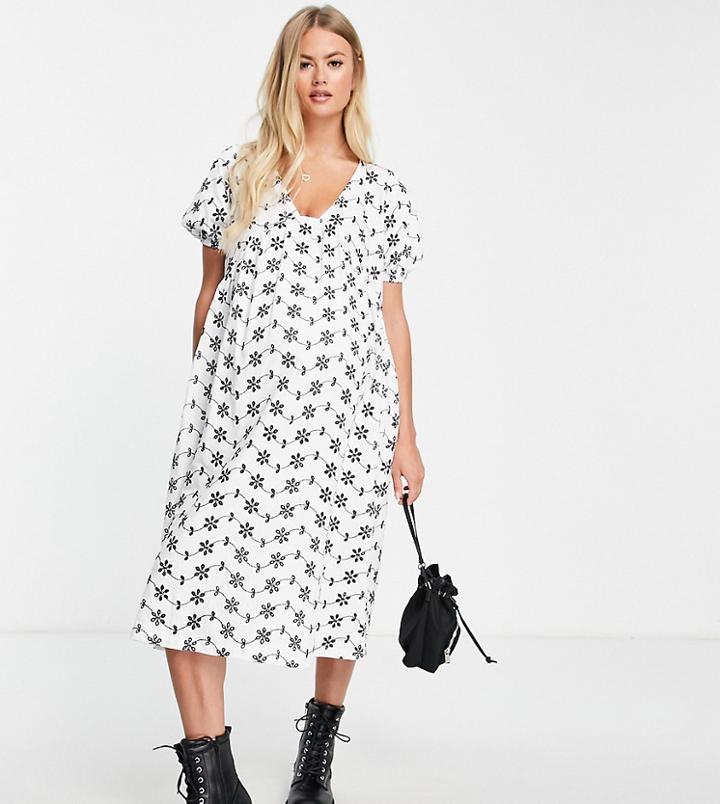Asos Design Maternity Broderie V Neck Midi Dress With Empire Seam Detail In Black And White Contrast
