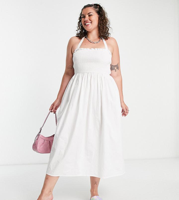 Collusion Plus Halter Neck Shirred Detail Broderie Midi Dress In White