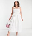 Collusion Plus Halter Neck Shirred Detail Broderie Midi Dress In White