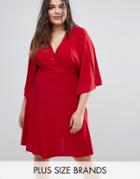 Club L Plus Flutter Sleeve Dress With Midi Skater Skirt - Red