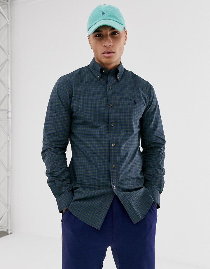 Polo Ralph Lauren Slim Fit Stretch Poplin Shirt In Blue Check With Player Logo