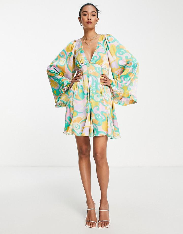 Asos Design Mini Smock Dress With Godets And Flared Sleeves In Bright Abstract Floral-multi