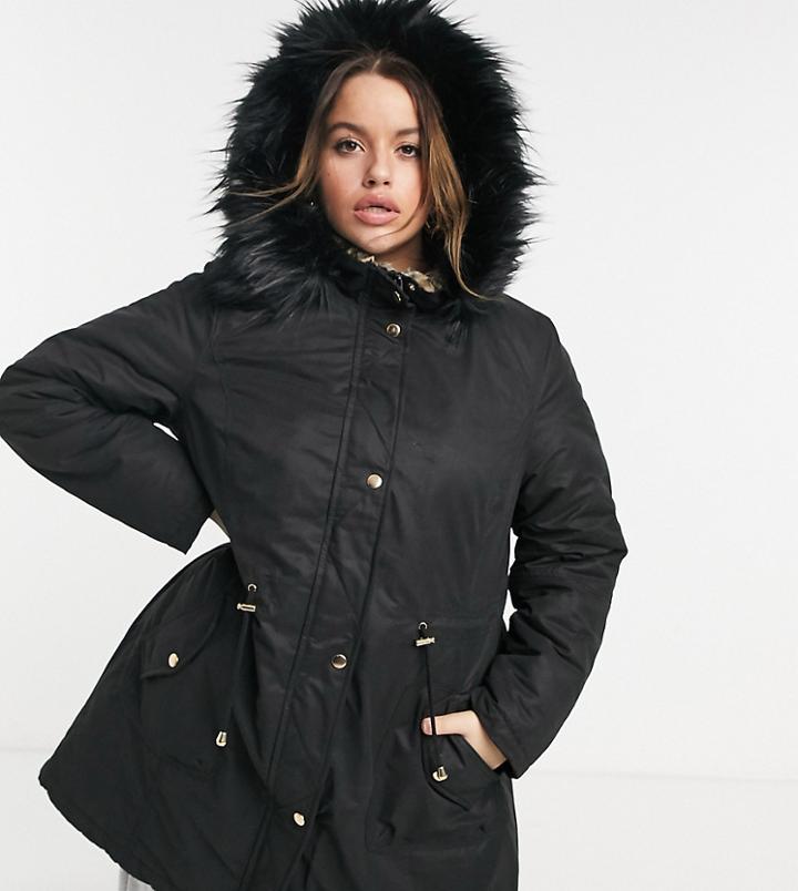 Yours Faux Fur Hooded Parka Coat In Black