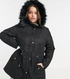 Yours Faux Fur Hooded Parka Coat In Black