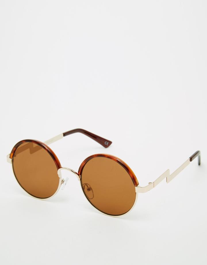 Asos Metal And Tort Mix Round Sunglasses With Flat Lens And Zig Metal Arm - Tort