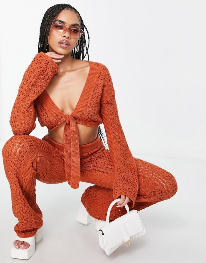 Asos Design Crochet Beach Top With Tie Front Detail In Orange - Part Of A Set