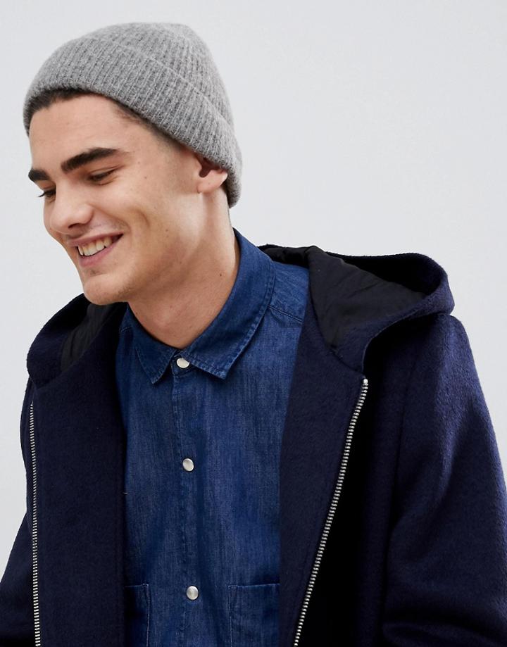 Asos Design Fisherman Beanie In Brushed Gray Rib Knit - Gray
