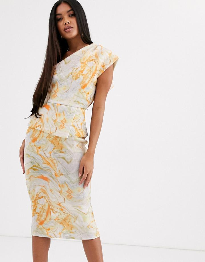Asos Design Marble Print One Shoulder Fold Detail Midi Dress-multi