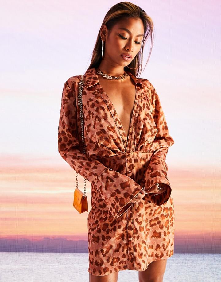 Asos Design Satin Shirt Mini Dress With Flared Cuff In Animal Print-multi