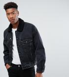 Asos Tall Oversized Denim Jacket With Fleece Collar In Washed Black - Black