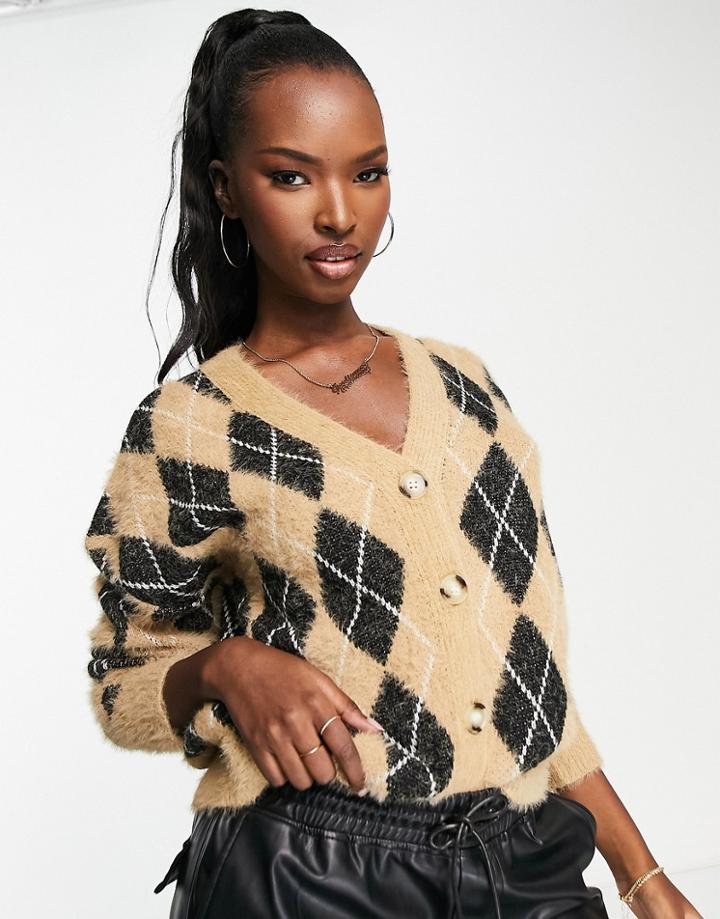 Qed London Cardigan In Tan Diamond Print-multi