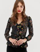 Oasis Wrap Blouse In Mixed Print - Black