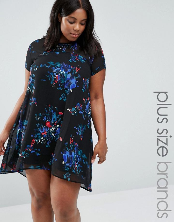 Ax Paris Plus Swing Dress With Sheer Insert In Floral Print - Black