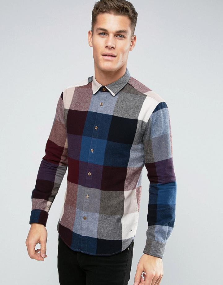 Esprit Shirt In Regular Fit In Bold Check Brushed Cotton - Navy