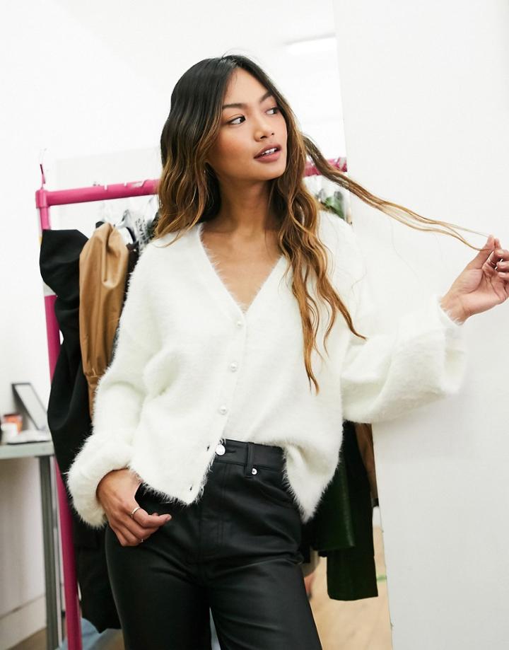 River Island Fluffy Cardigan In Cream-white