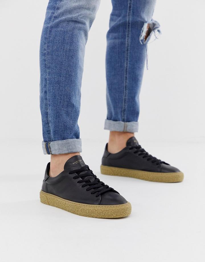 Selected Homme Leather Sneakers With Chunky Grain Sole In Black