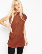 Asos Sleeveless Longline Top With Side Split And Turtleneck In Interest Rib - Dark Rust