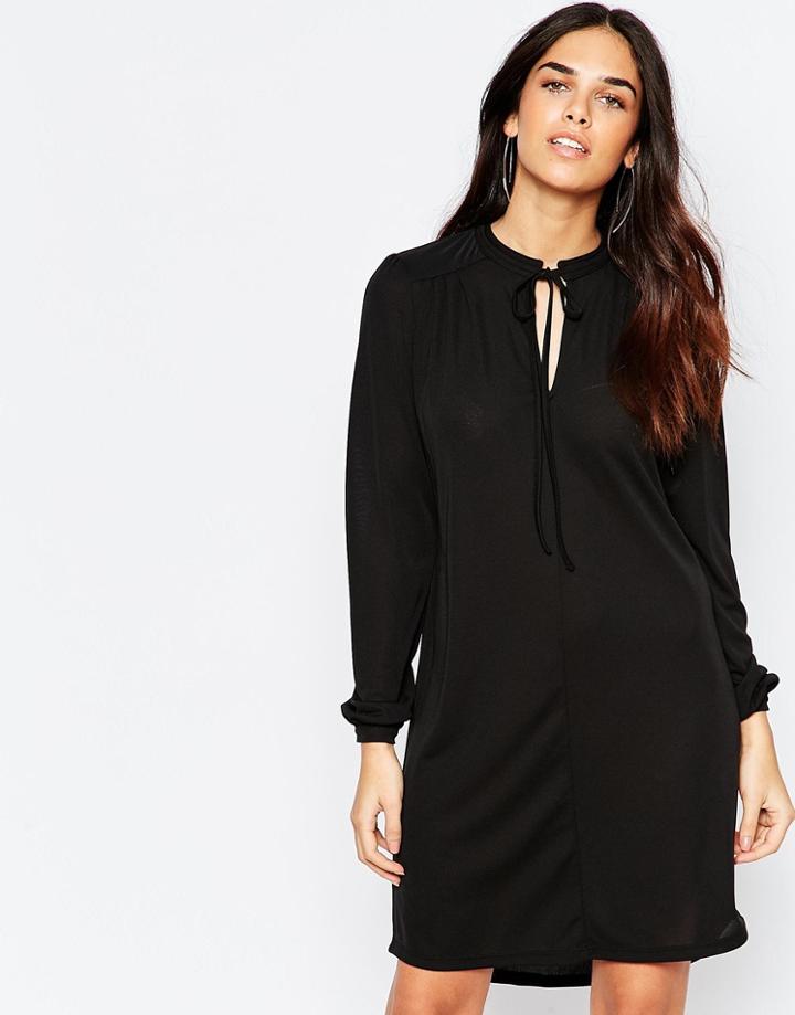 Warehouse Long Sleeve Tie Neck Dress - Black
