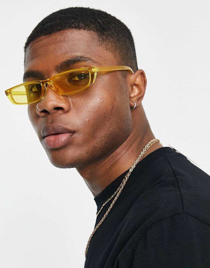 Asos Design Recycled Skinny Rectangles Sunglasses In Crystal Yellow
