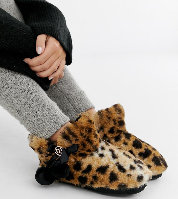 River Island Boot Slippers With Pom Detail In Leopard Print - Multi