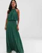Asos Design Halter Tie Neck Maxi Dress In Pleat - Green