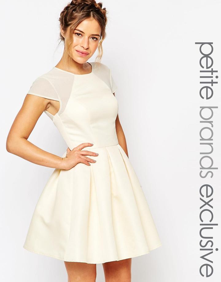 Chi-chi London Petite Mesh Shoulder Pleated Mini Prom Dress - Cream