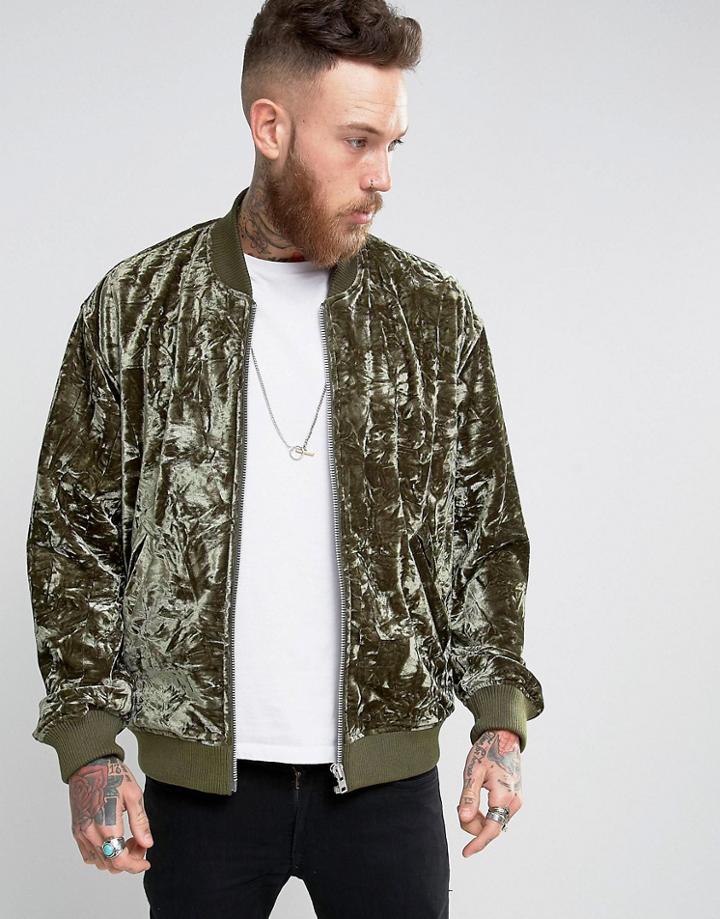Asos Crushed Velvet Bomber Jacket In Khaki - Green