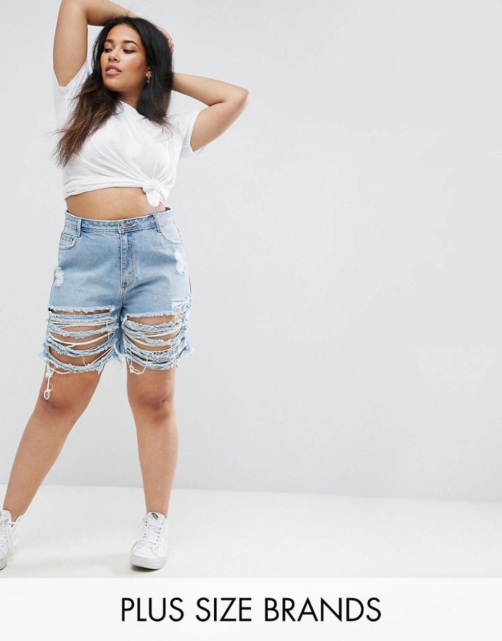 Missguided Plus Ripped Longer Length Denim Shorts - Blue