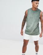 Asos Design Sleeveless T-shirt With Dropped Armhole With Heavy Pigment Wash In Khaki - Green