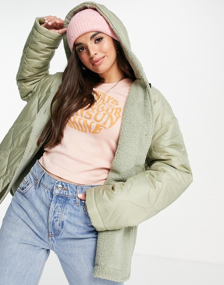 Asos Design Quilted Hooded Jacket With Borg Lining In Khaki-green