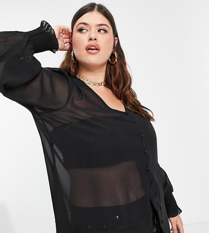 Yours Shirred Cuffed Blouse In Black