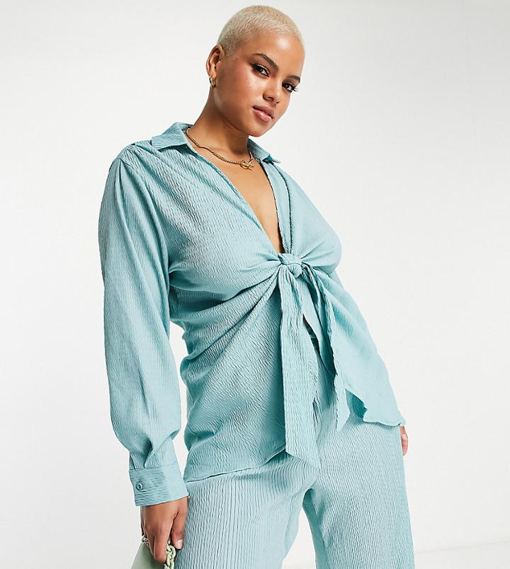 Missguided Plus Crinkle Blouse With Tie Front In Blue - Part Of A Set