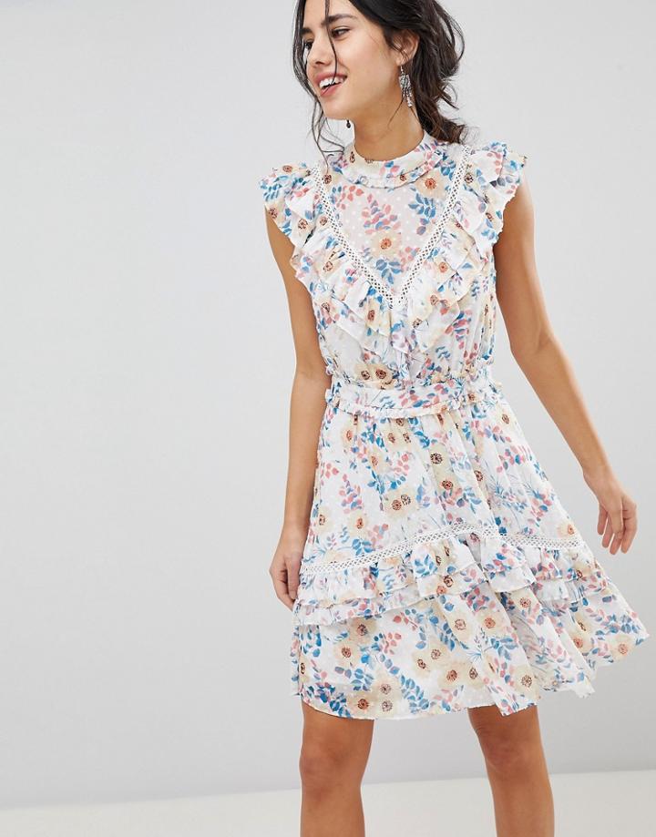 Forever New Floral Printed Mini Dress With Frill Detail And Lace Yolk - Multi