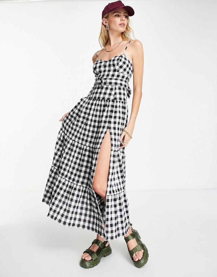 Asos Design Tiered Belted Maxi Sundress In Mono Gingham-multi