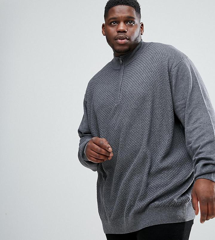 Jacamo Plus Fine Knit Sweater In Charcoal With Zip Detail - Gray