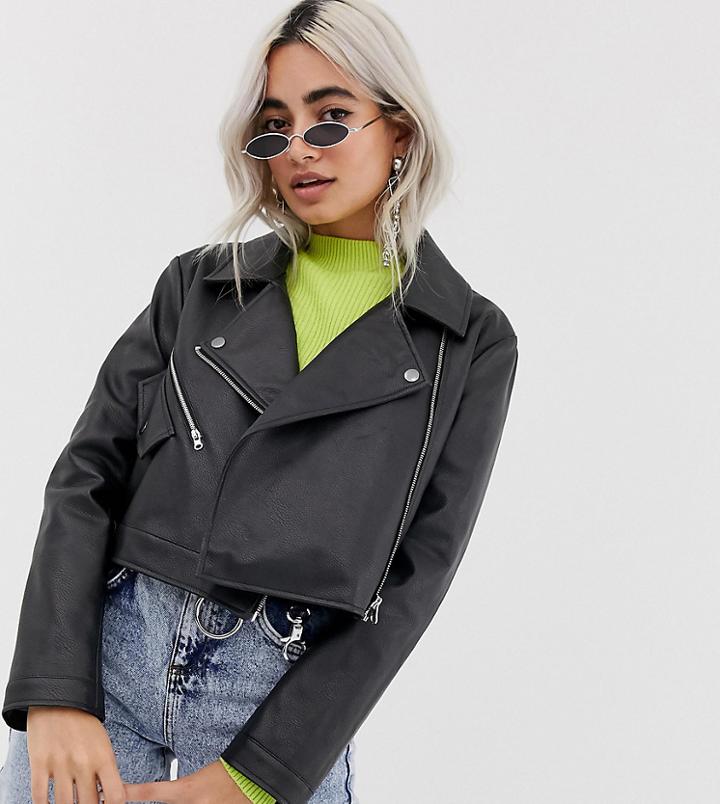 Collusion Petite Leather Look Biker Jacket-black