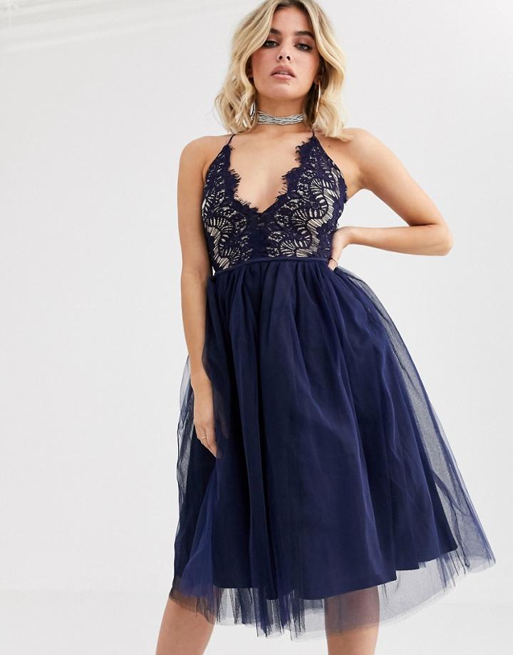 Rare London Cami Strap Dress With Cup Detail And Tulle Skirt In Navy - Black