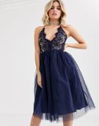 Rare London Cami Strap Dress With Cup Detail And Tulle Skirt In Navy - Black