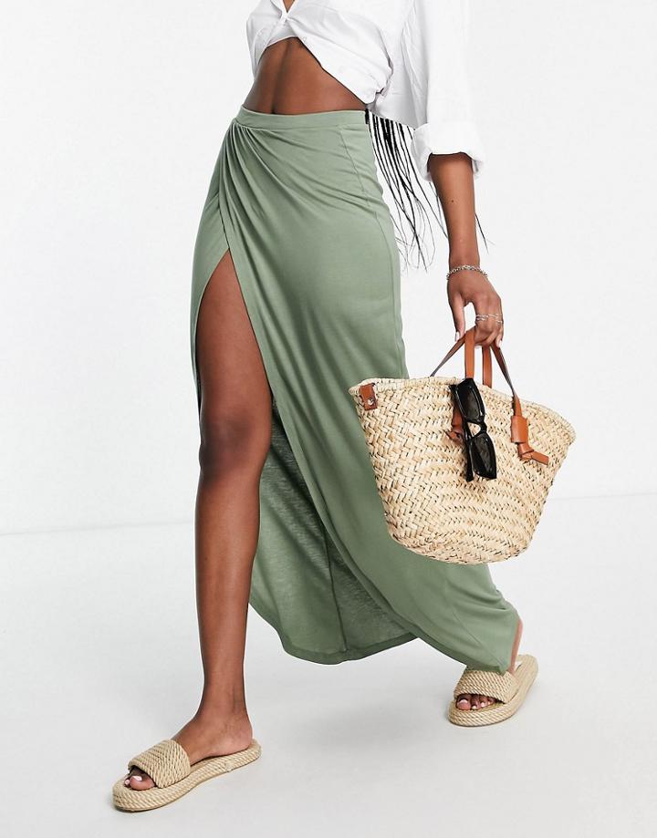 Asos Design Jersey Wrap Maxi Skirt In Khaki-green