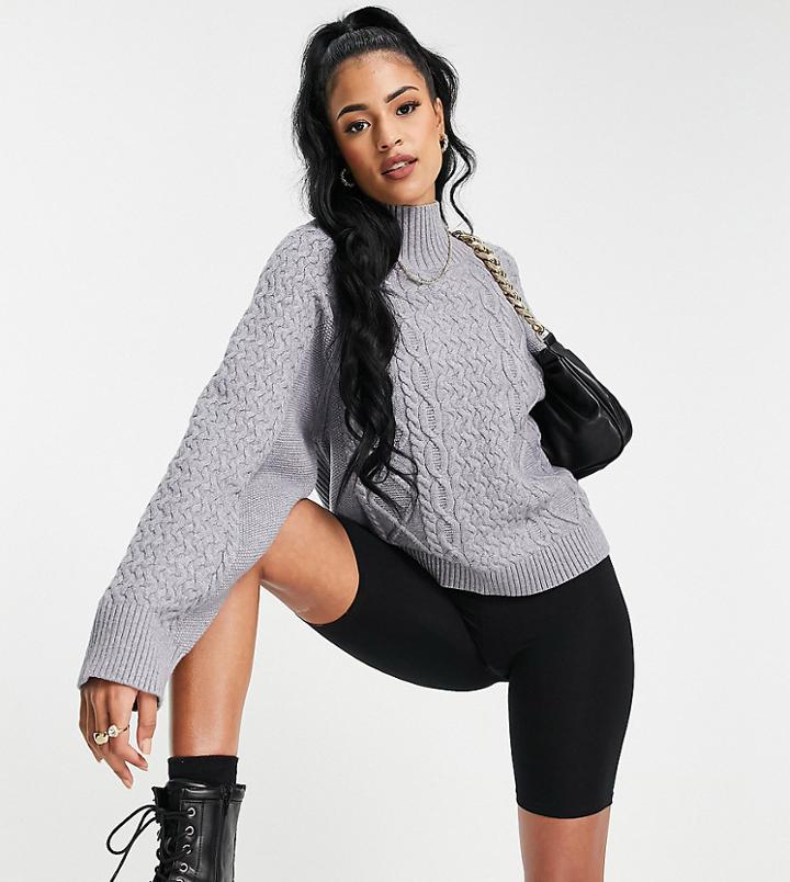 Asos Design Tall High Neck Cable Sweater With Wide Sleeves-grey