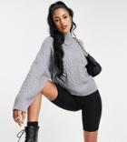 Asos Design Tall High Neck Cable Sweater With Wide Sleeves-grey