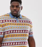 Asos Design Plus Knitted Polo With Floral Design - Blue