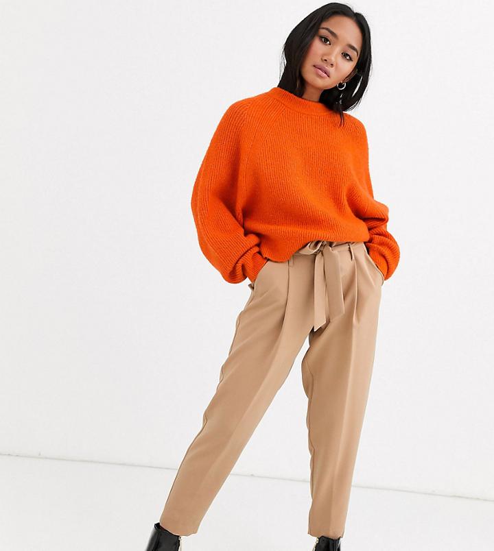New Look Petite Tie Waist Pants In Camel-black
