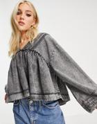 We The Free By Free People Charlotte Smock Top In Washed Denim-black