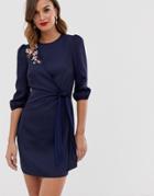 Little Mistress Bell Sleeve Shift Mini Dress With Embellished Detail-navy