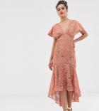 Asos Design Tall Flutter Sleeve Midi Dress In Corded Lace With Circle Trim Detail - Pink