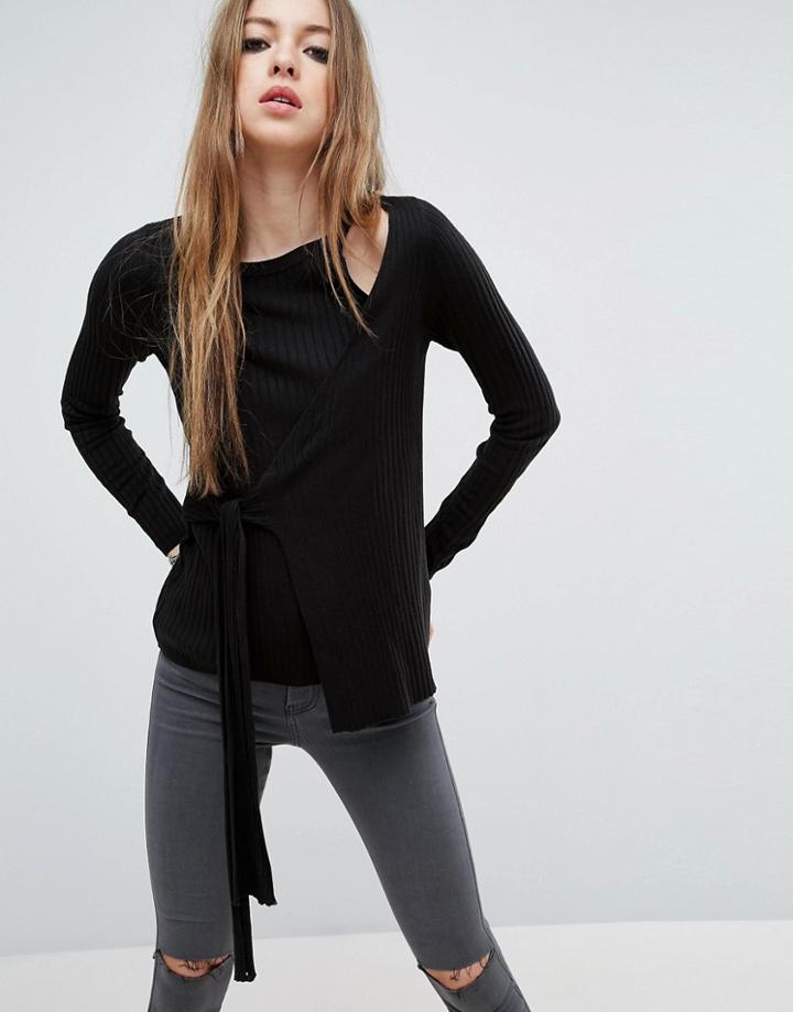 Asos Wrap Sweater In Rib With Tie - Black