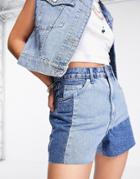 Topshop Patchwork Short In Mid Blue Wash-blues