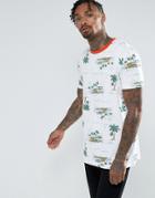 Asos Longline T-shirt With Palm Print And Contrast Ringer - White
