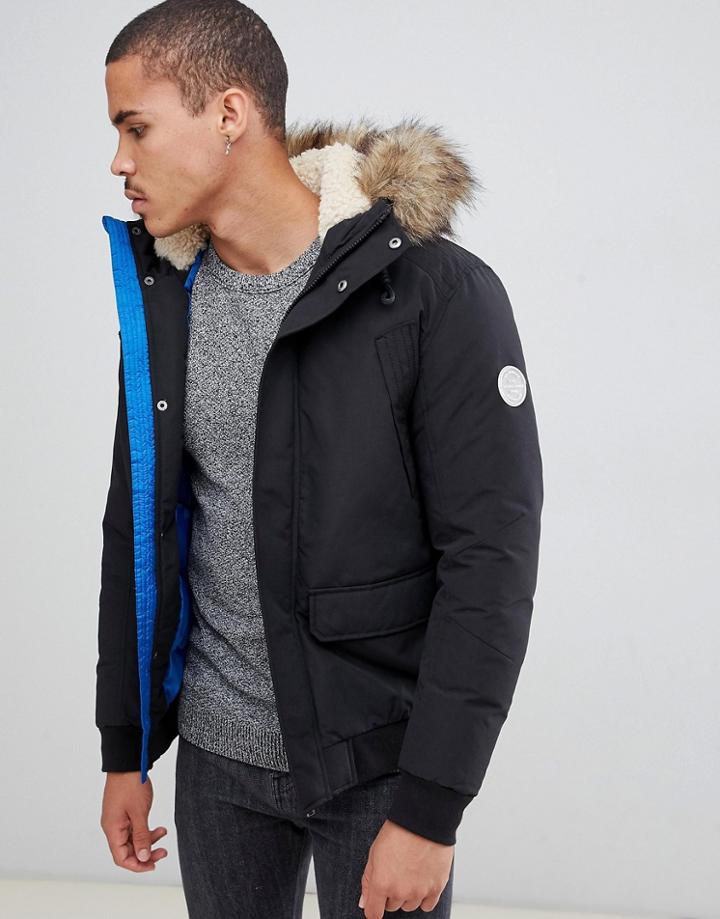 Jack & Jones Originals Short Parka With Faux Fur Hood - Black